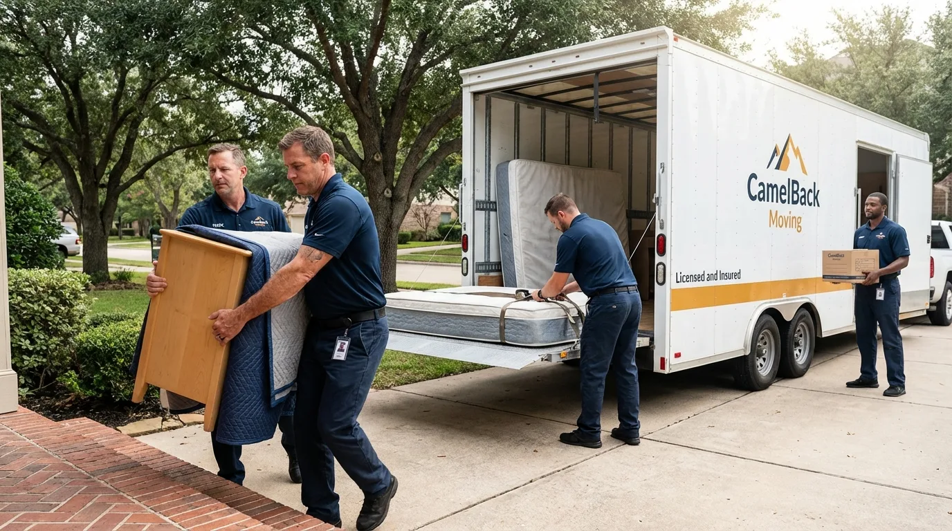 Crew loading residential truck for cross-state move from Mustang, OK