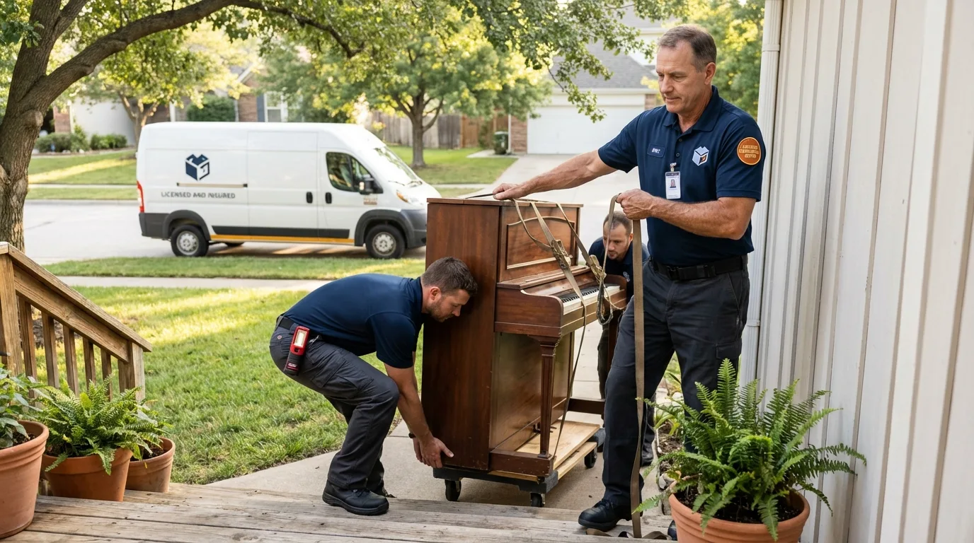 Licensed piano movers securing grand piano in Mustang, OK