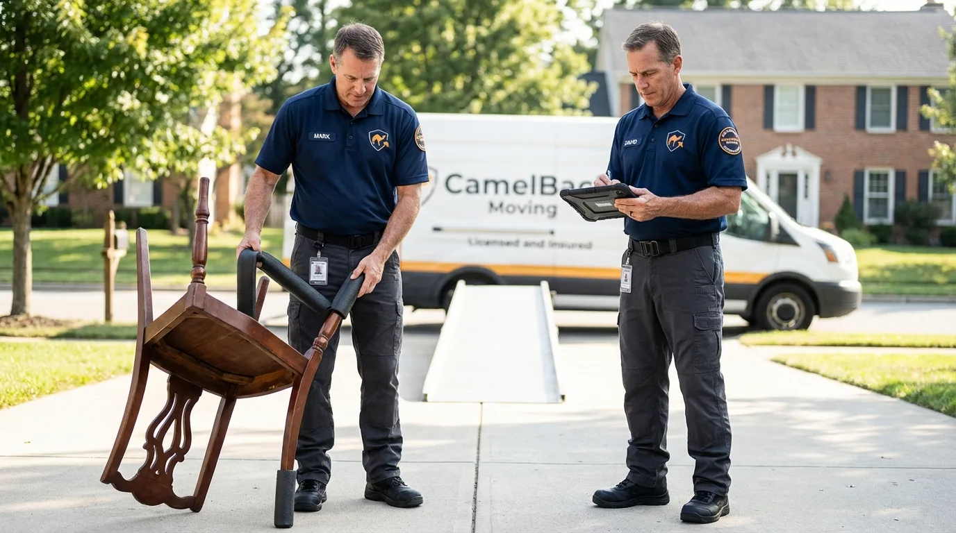 Movers inspecting furniture for damage prevention before loading in Mustang, OK