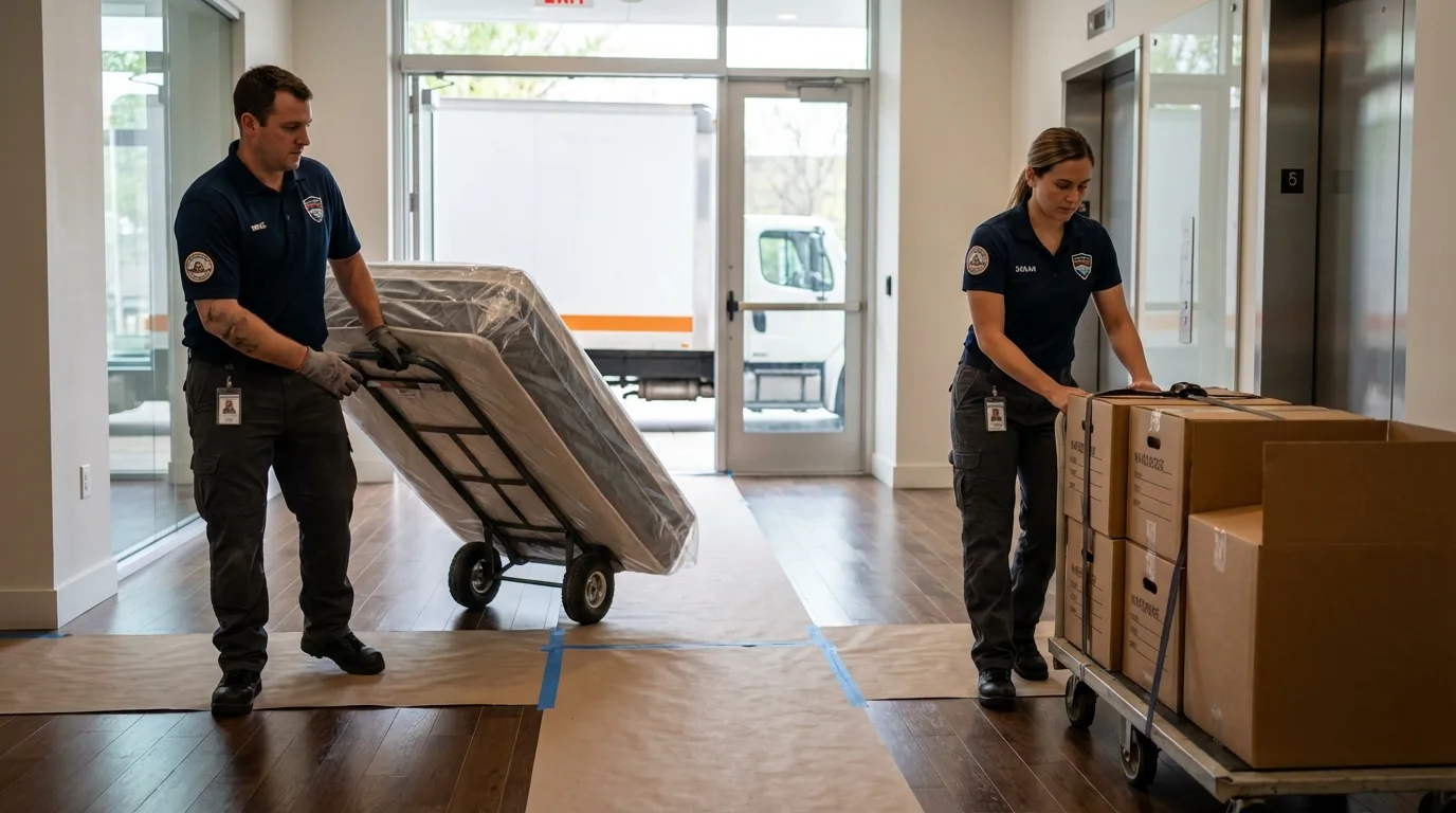 Professional apartment movers loading elevator in Mustang, OK