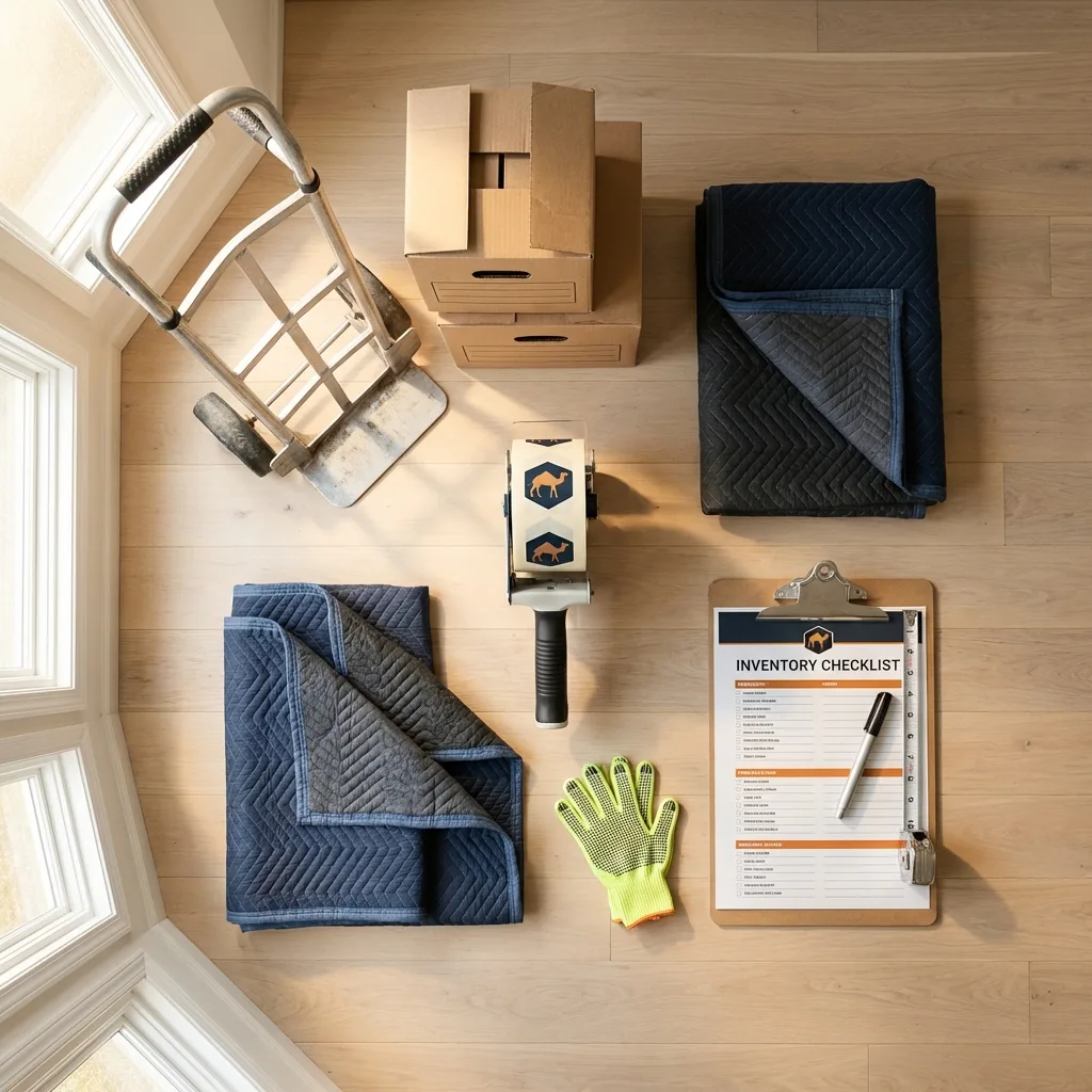 Professional moving supplies and packing materials layout for Mustang residential relocations